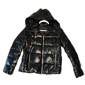 Tommy Hilfiger Women’s XS Black Glossy Puffer Bubble Coat Jacket Hooded Zip